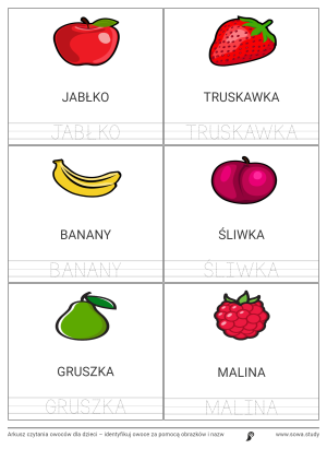 Arkusz czytania owoców dla dzieci – identyfikuj owoce za pomocą obrazków i nazw
