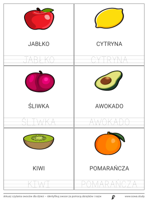 Arkusz czytania owoców dla dzieci – identyfikuj owoce za pomocą obrazków i nazw