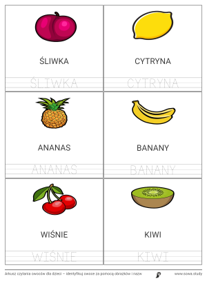 Arkusz czytania owoców dla dzieci – identyfikuj owoce za pomocą obrazków i nazw