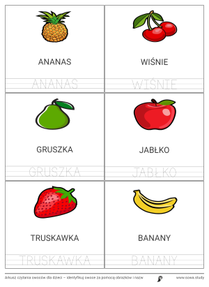 Arkusz czytania owoców dla dzieci – identyfikuj owoce za pomocą obrazków i nazw