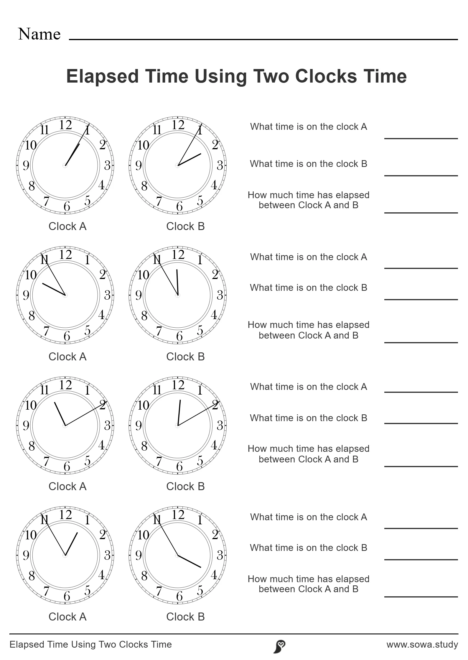 Elapsed Time Using Two Clocks Time worksheet