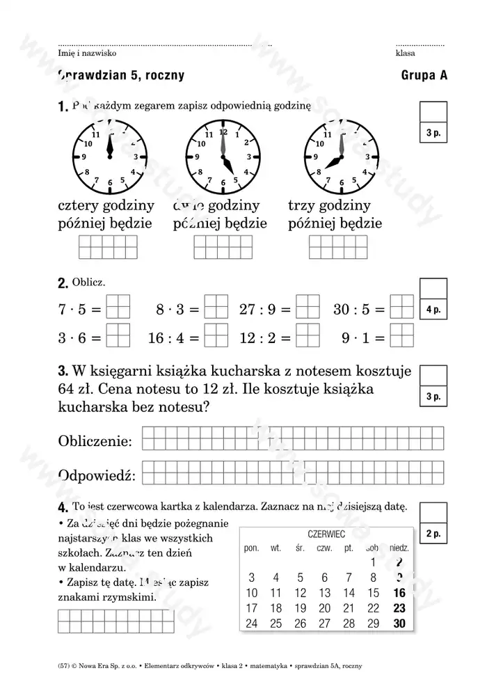Elementarz odkrywców klasa 2 matematyka sprawdzian 5A, roczny worksheet