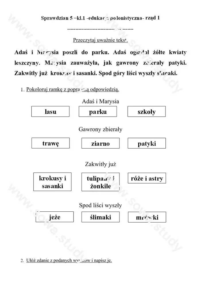 Sprawdzian 5 –kl.1 -edukacja polonistyczna- rząd 1 Sprawdzian 5 –kl.1 -edukacja polonistyczna- rząd 1 worksheet