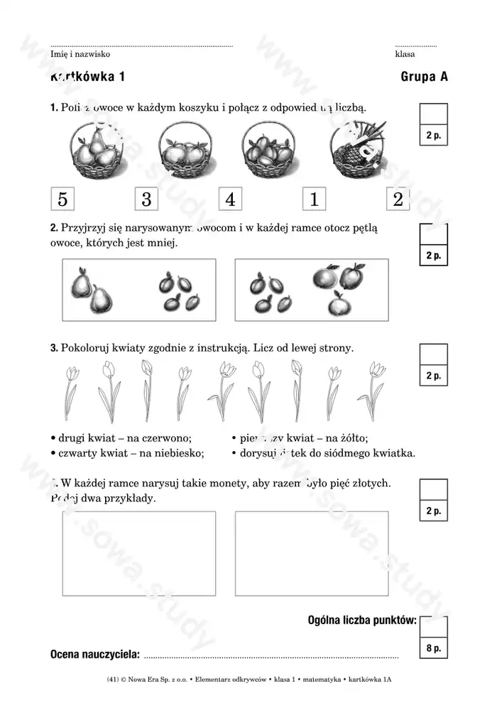  Elementarz odkrywców klasa 1 matematyka kartkówka 1A 1B worksheet