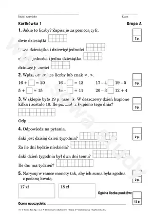 Elementarz odkrywców klasa 2 matematyka kartkówka 1A 1B