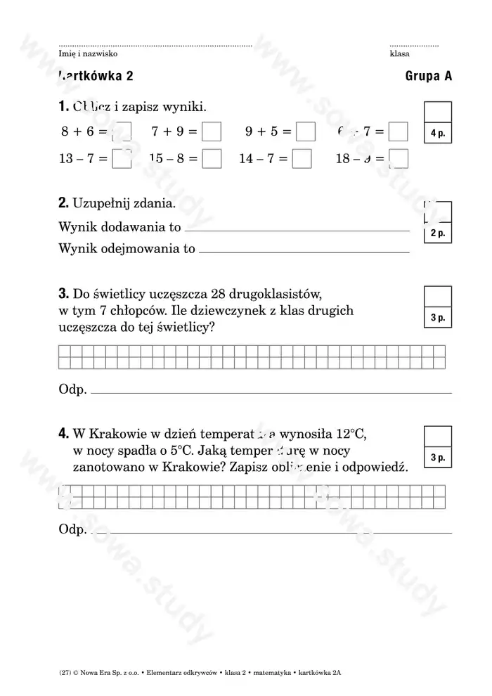 Elementarz odkrywców klasa 2 matematyka kartkówka 2A worksheet