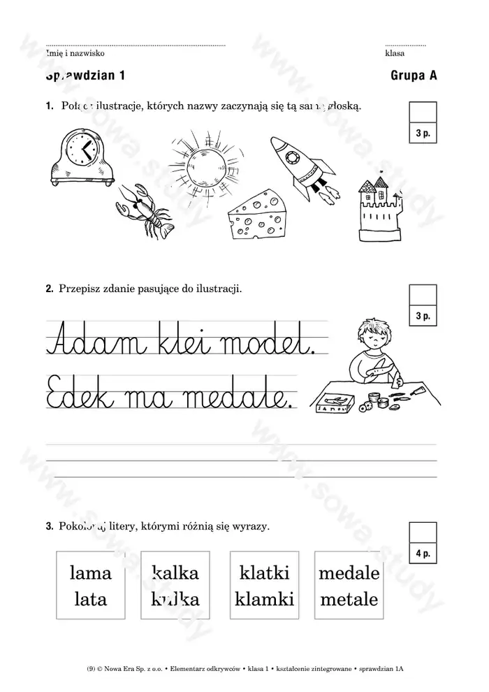 Kształcenie zintegrowane • sprawdzian 1A klasa 1 worksheet