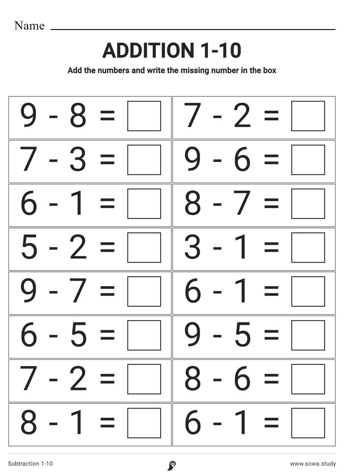 Subtraction 1-10 worksheet