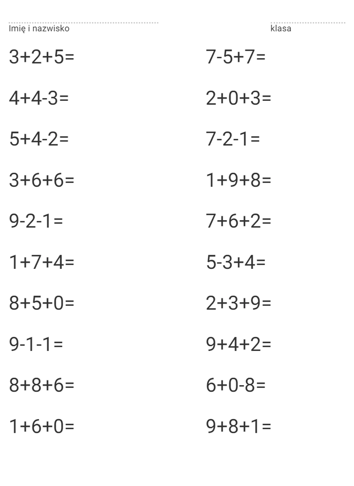 Dodawanie i odejmowanie trzech liczb worksheet
