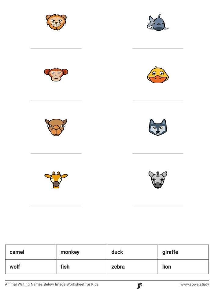 Animal Writing Names Below Image Worksheet for Kids worksheet