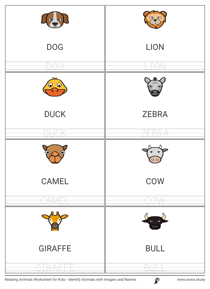 Reading Animals Worksheet for Kids - Identify Animals with Images and Names worksheet