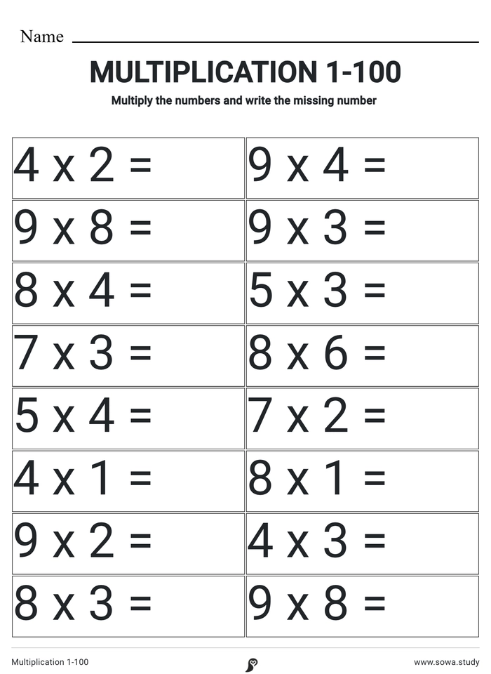 Multiplication 1-100 worksheet