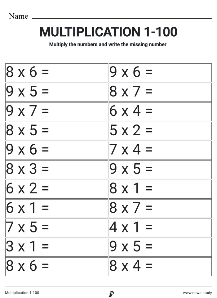 Multiplication 1-100 worksheet