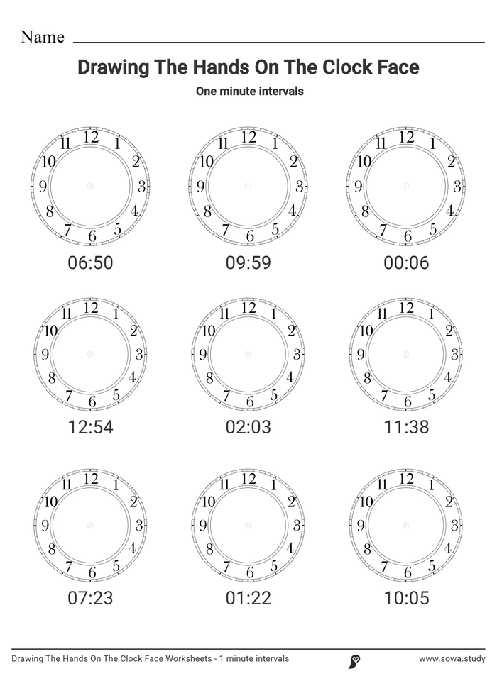 Drawing The Hands On The Clock Face Worksheets - 1 minute intervals worksheet