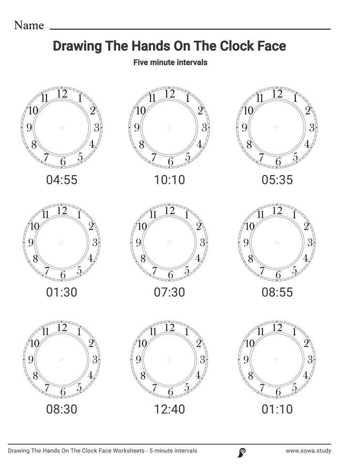 Drawing The Hands On The Clock Face Worksheets - 5 minute intervals worksheet