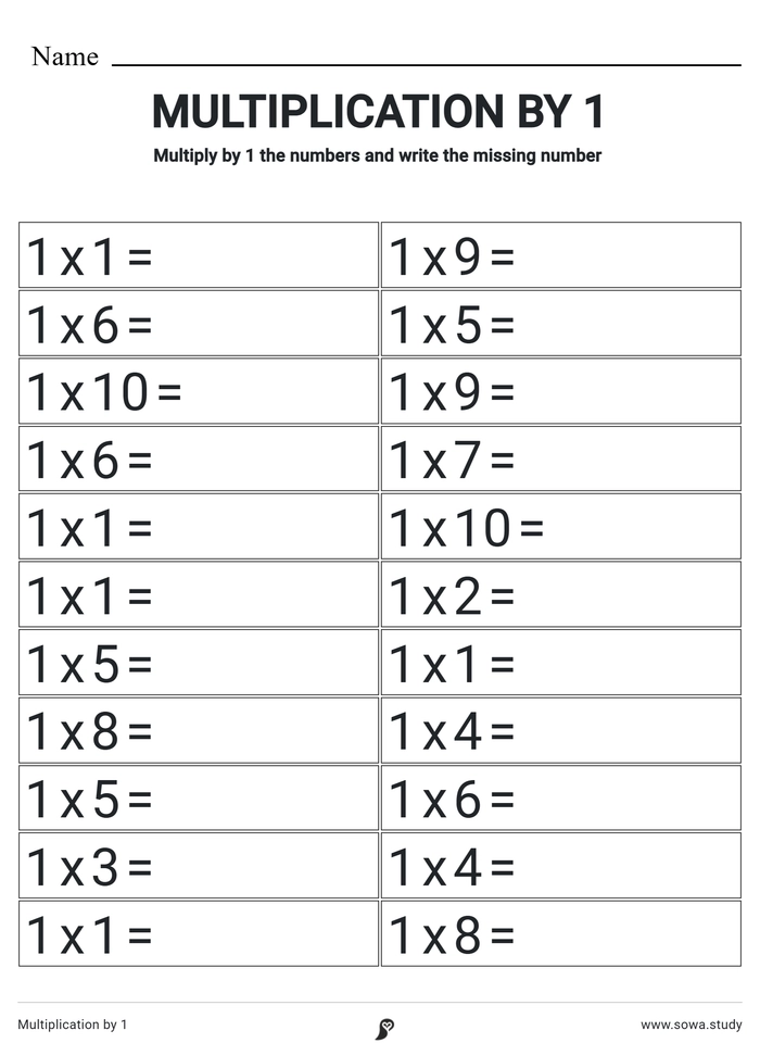 Multiplication by 1 worksheet