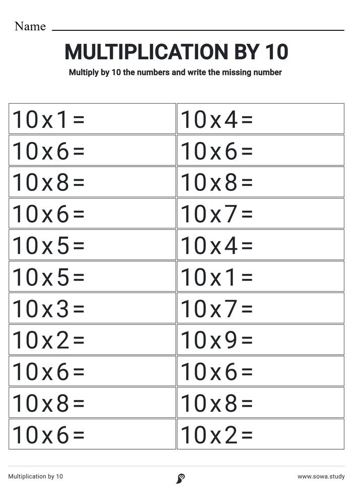 Multiplication by 10 worksheet