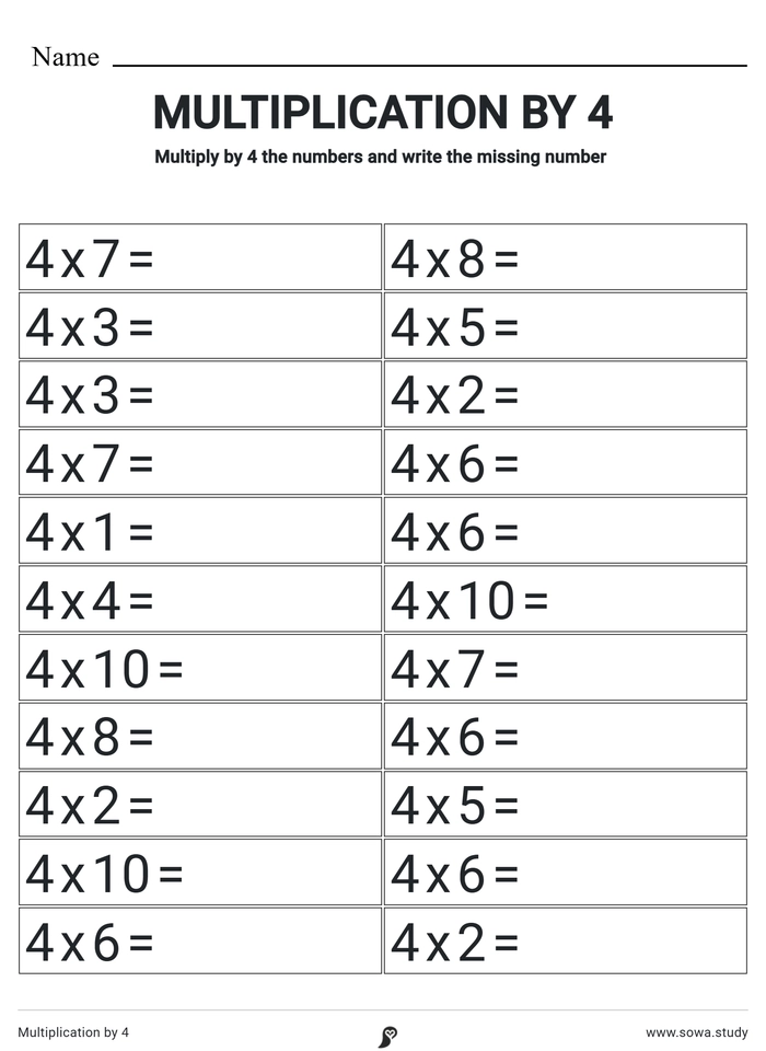 Multiplication by 4 worksheet
