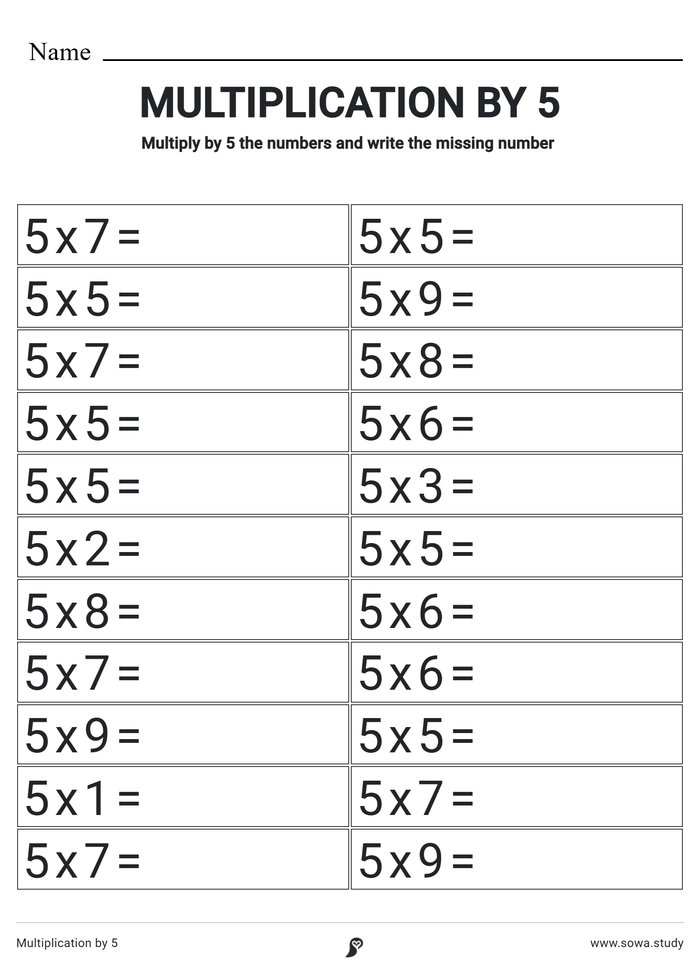 Multiplication by 5 worksheet