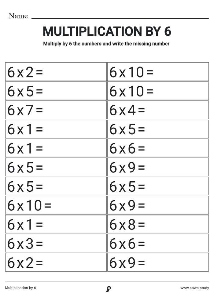 Multiplication by 6 worksheet