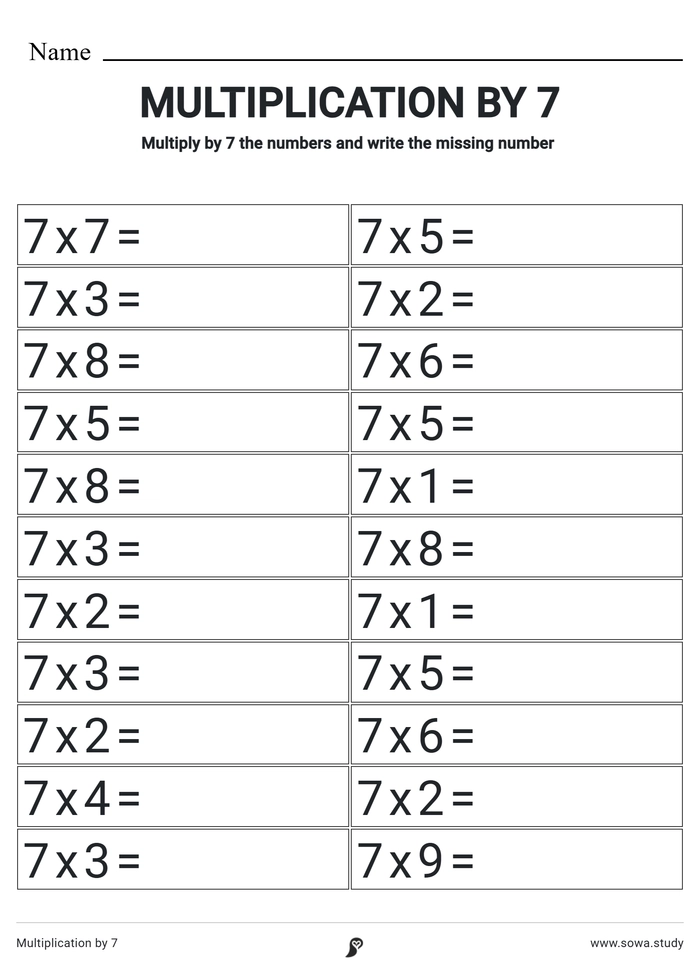 Multiplication by 7 worksheet