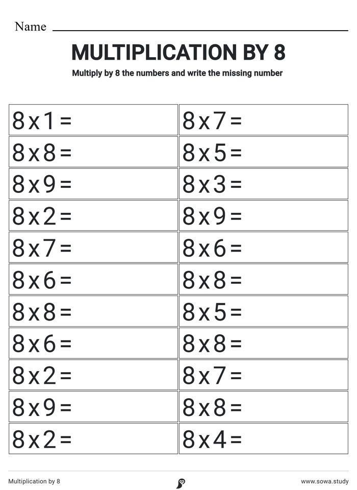 Multiplication by 8 worksheet
