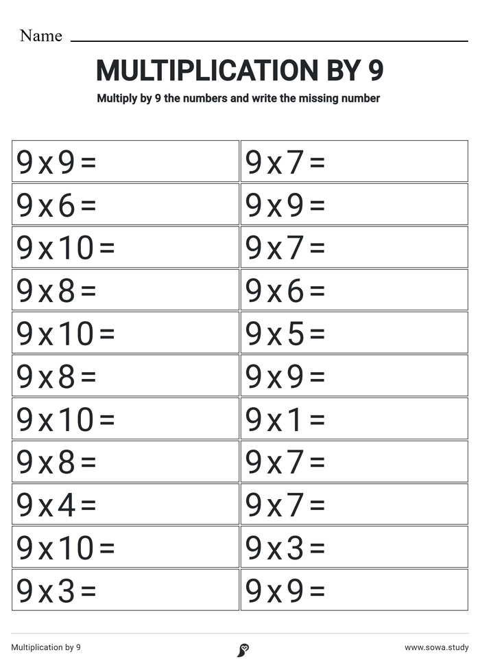 Multiplication by 9 worksheet