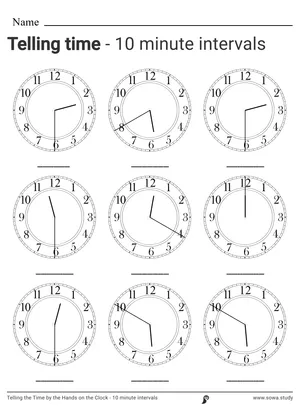 Telling the Time by the Hands on the Clock - 10 minute intervals
