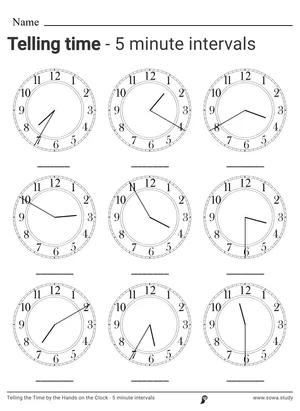 Telling the Time by the Hands on the Clock - 5 minute intervals