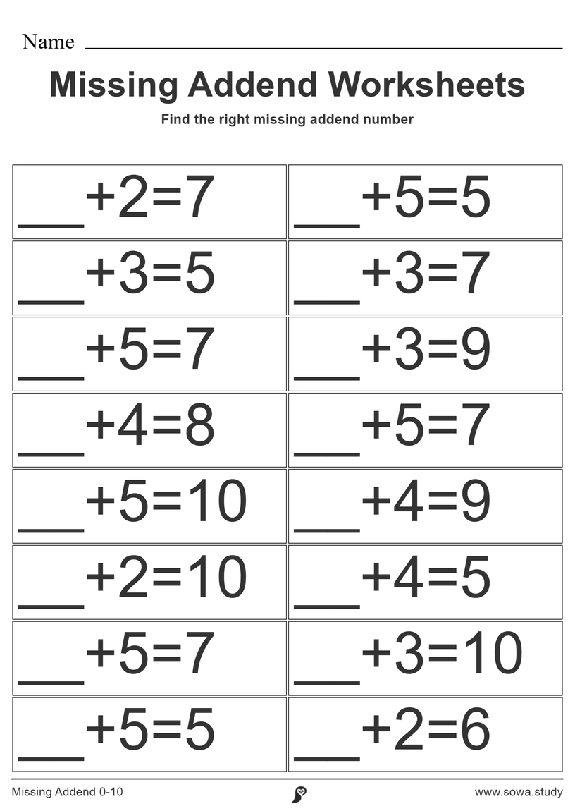 Missing Addend 0-10 worksheet