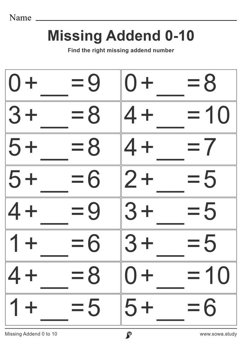 Missing Addend 0 to 10  worksheet