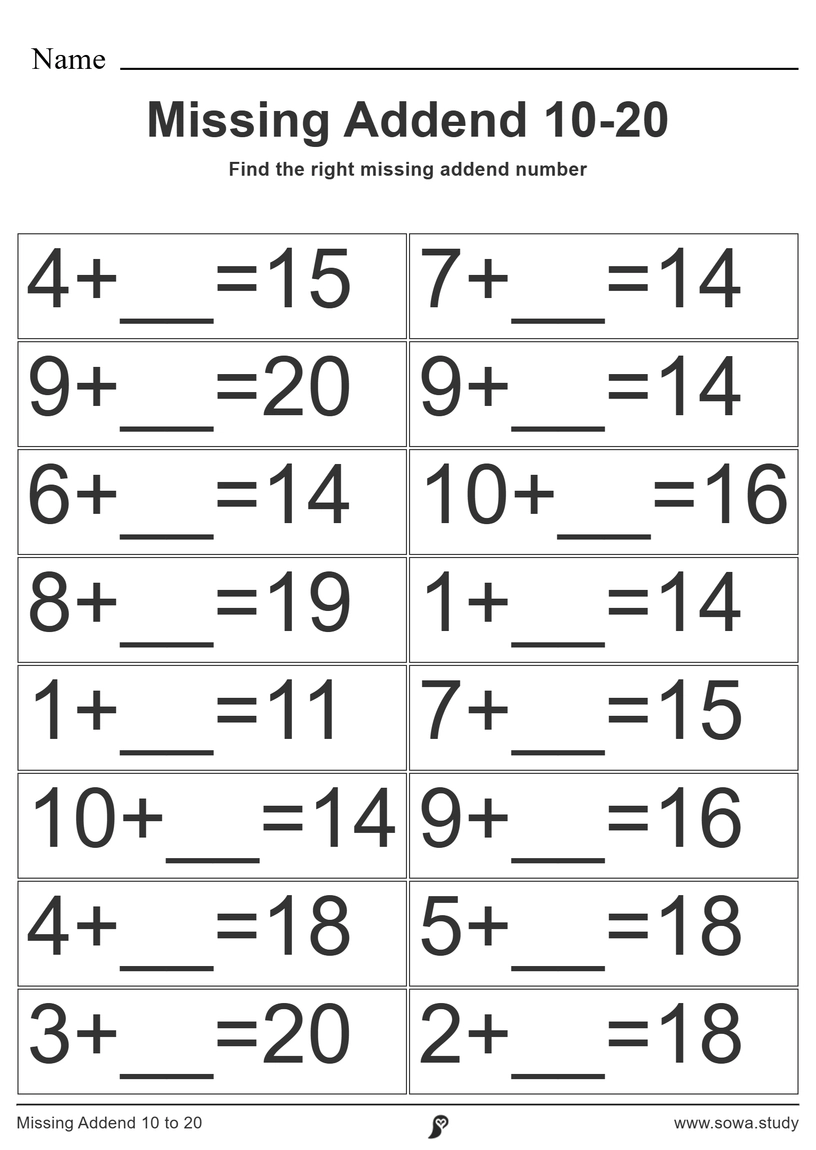 Missing Addend 10 to 20  worksheet