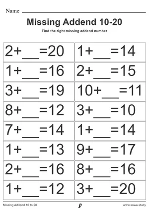 Missing Addend 10 to 20 
