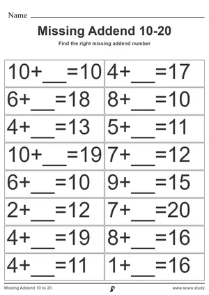 Missing Addend 10 to 20 