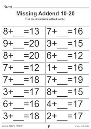 Missing Addend 10 to 20 