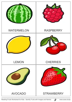 Reading Fruits Worksheet for Kids - Identify Fruits with Images and Names