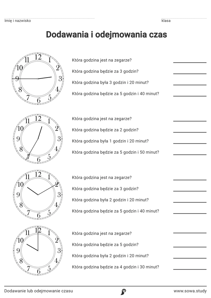Dodawanie lub odejmowanie czasu worksheet