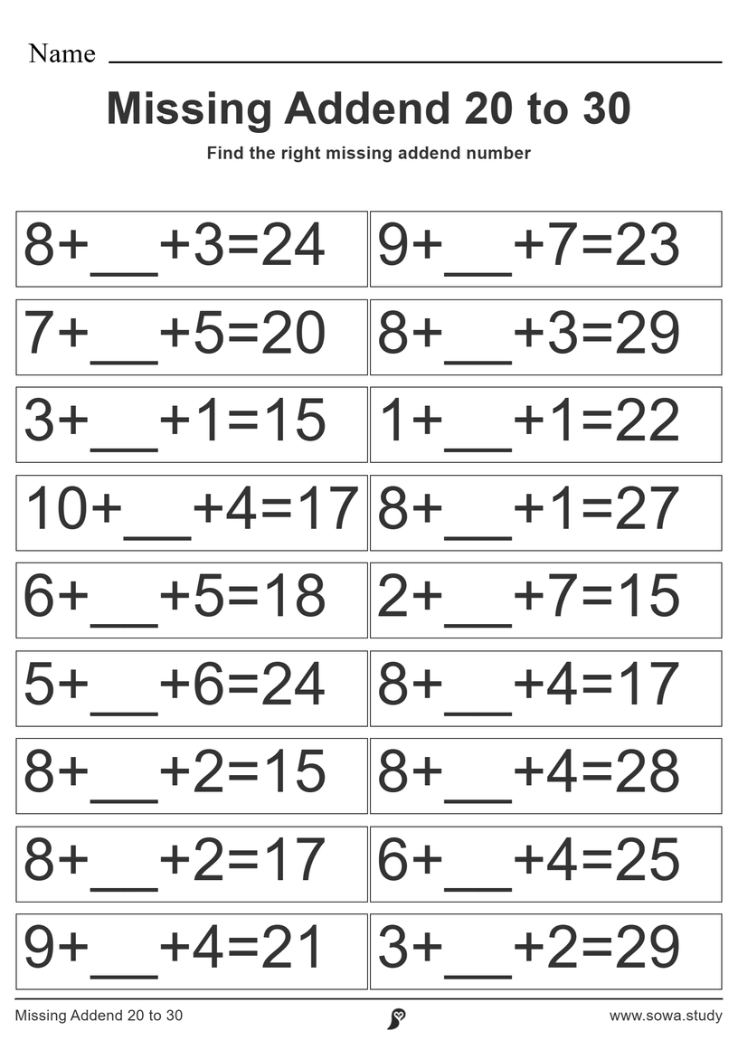 Missing Addend 20 to 30 worksheet