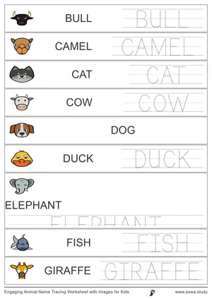 Engaging Animal Name Tracing Worksheet with Images for Kids