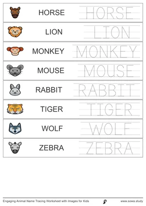 Engaging Animal Name Tracing Worksheet with Images for Kids