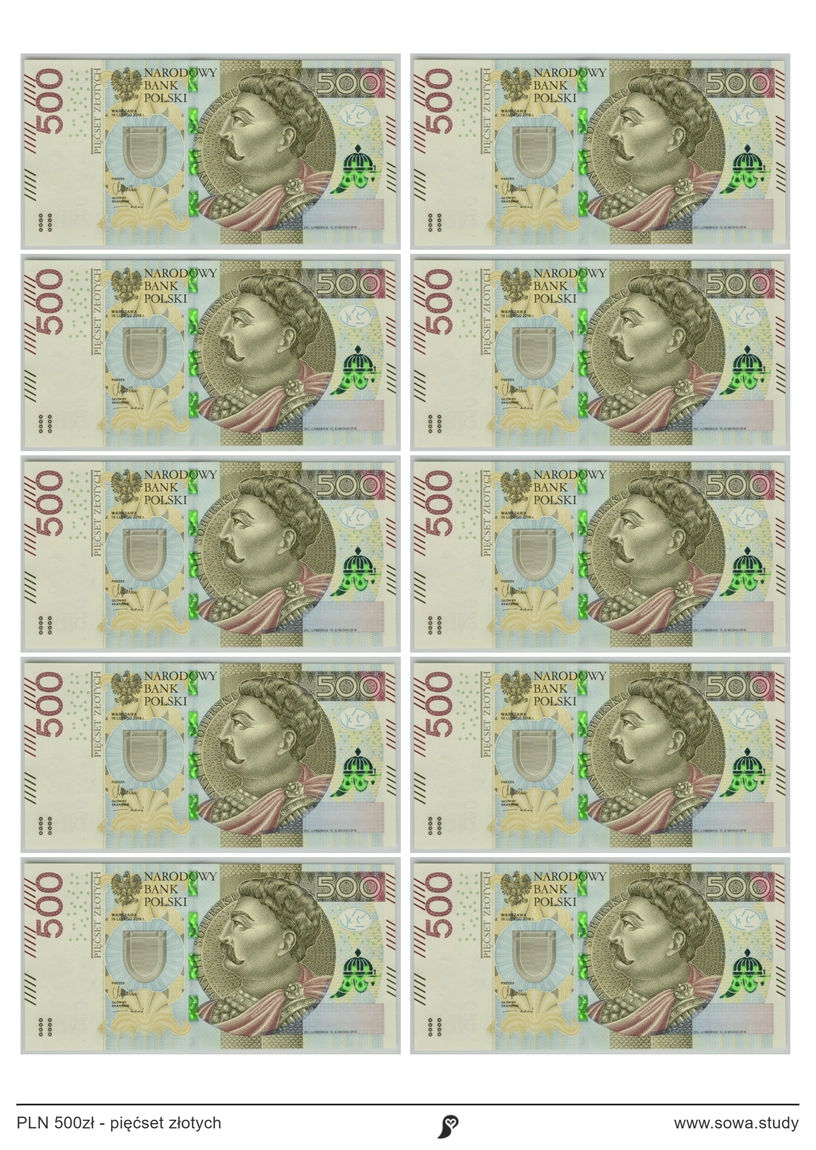 PLN 500zł - pięćset złotych worksheet