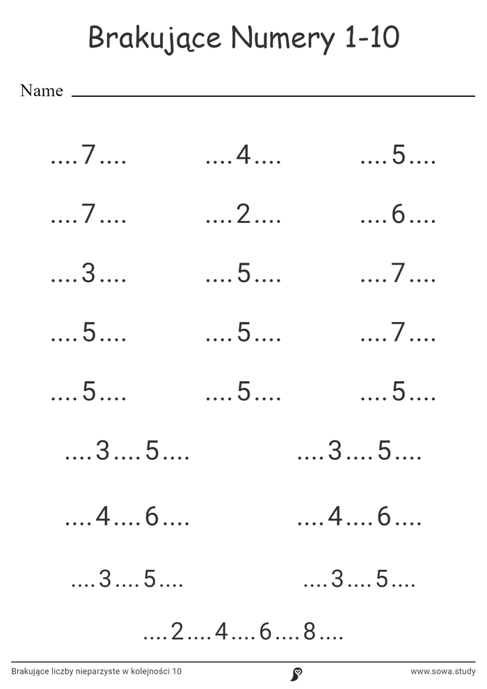 Brakujące liczby nieparzyste w kolejności 10 worksheet