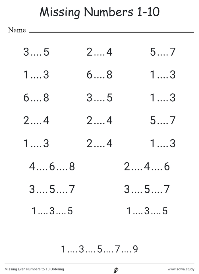 Missing Even Numbers to 10 Ordering worksheet