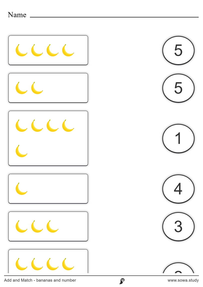 Add and Match - bananas and number worksheet
