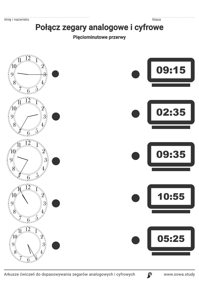 Arkusze ćwiczeń do dopasowywania zegarów analogowych i cyfrowych worksheet