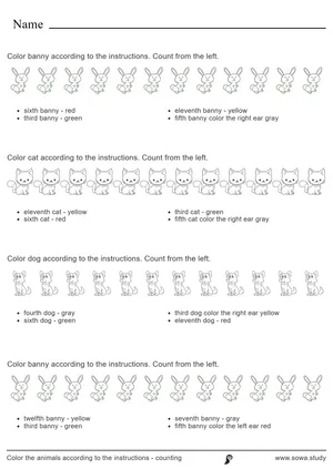 Color the animals according to the instructions - counting