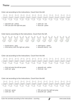 Color the animals according to the instructions - counting