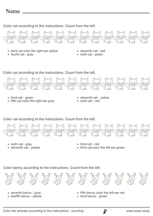 Color the animals according to the instructions - counting