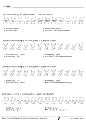 Color the animals according to the instructions - counting