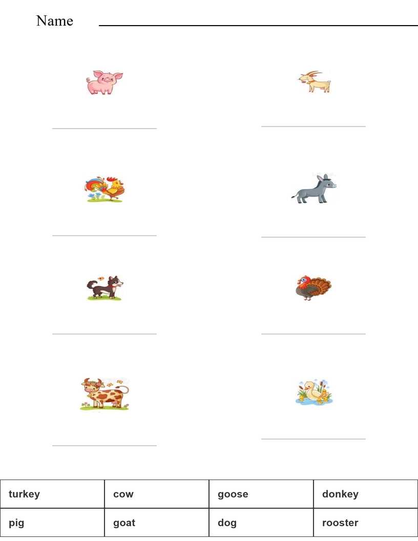 Match the words with the pictures - farm animals worksheet